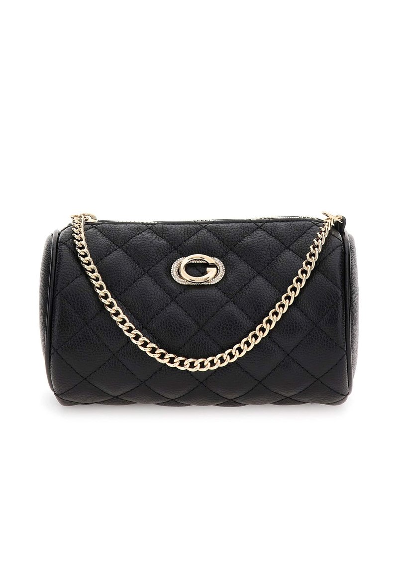 Czarna, pikowana skórzana torebka z złotym łańcuszkiem i owalnym złotym logo "G" umieszczonym na środku przodu.