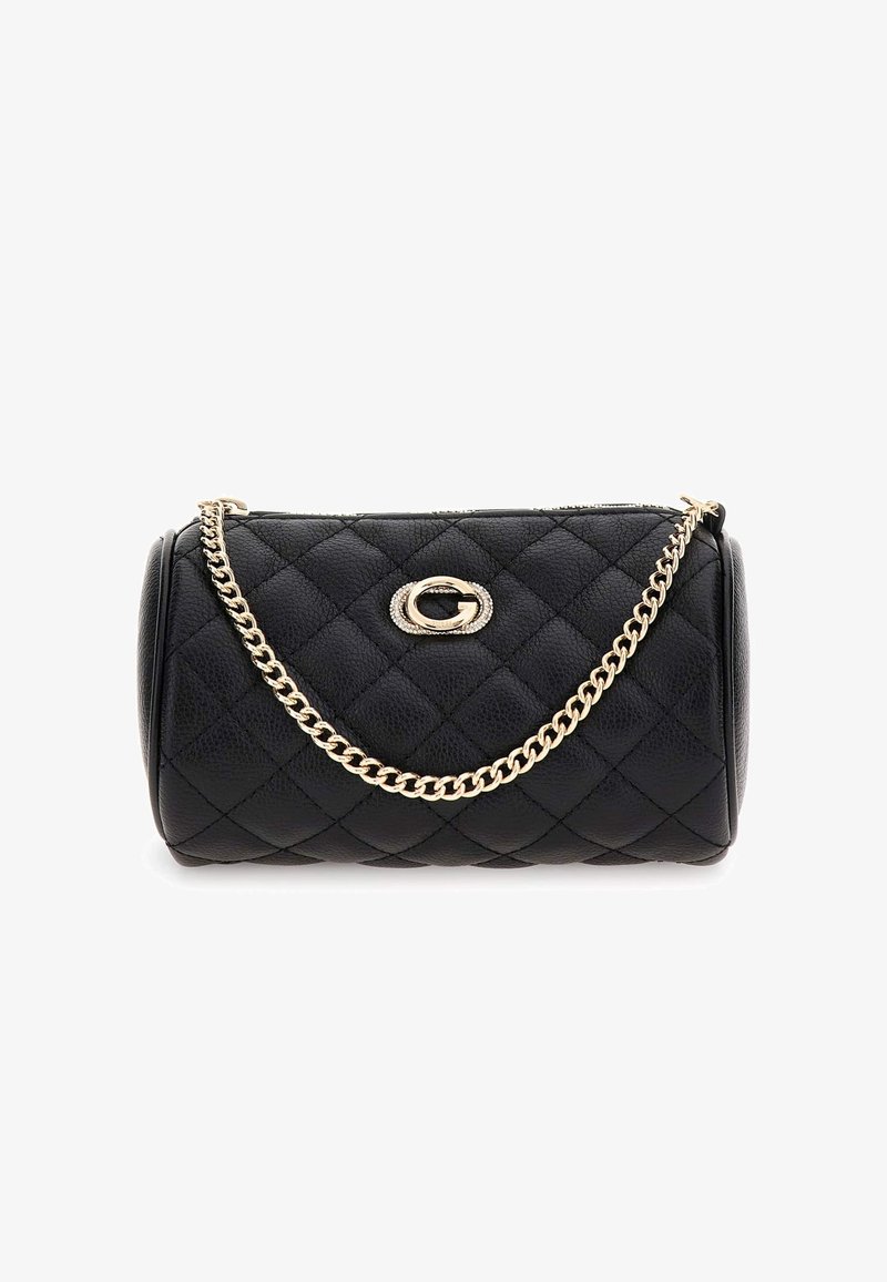 Czarna, pikowana skórzana torebka z złotym łańcuszkiem i owalnym złotym logo "G" umieszczonym na środku przodu.