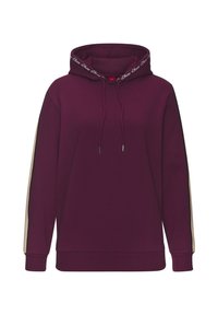 Bordeaux hoodie met een logo band op de capuchon, contrasterende zijpanelen in beige, koordjes en geribbelde manchetten en zoom.