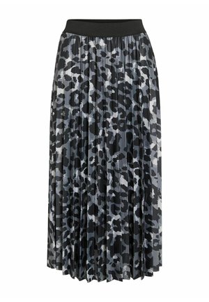 Gonna midi plissettata nera e grigia con motivo animalier. Presenta una cintura nera in tinta unita e un design fluido. Tessuto texturizzato.