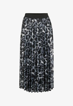 Plisseret midi nederdel i sort og grå med leopardmønster. Har en ensfarvet sort talje og et flydende design. Tekstureret stof.