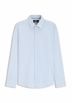 Light blue long-sleeve shirt with a textured pattern, button-up front, and classic collar. Features curved hem and buttoned cuffs.