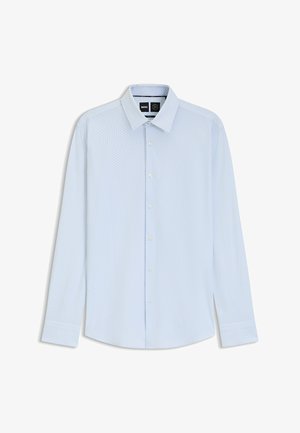 Light blue long-sleeve shirt with a textured pattern, button-up front, and classic collar. Features curved hem and buttoned cuffs.
