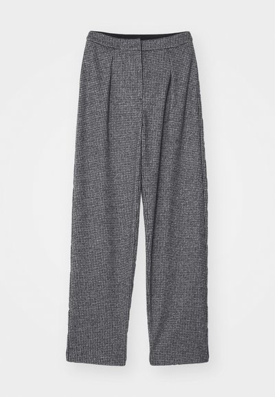 Grau karierte Hose mit hohem Bund, weit geschnitten und mit Falten. Hergestellt aus strukturierter Stoff mit einem monochromen Muster.
