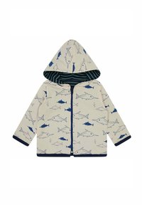 Helle Kapuzenjacke mit einem marineblauen Fischmuster. Verfügt über einen Frontreißverschluss, gestreiften Innenfutter und marineblaue Besätze an den Taschen und dem Saum.