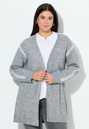 Hellgrauer gestrickter Cardigan mit langen Ärmeln, offenem Vorderteil, geripptem Saum und weißen Streifenakzenten an den Schultern. Strukturierter, weicher Stoff.