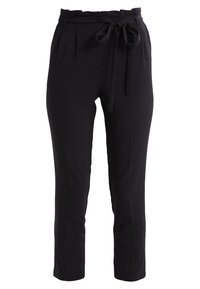 Svarta skräddarsydda byxor med knytband i midjan, veck fram och smal passform med ankellång fåll. Slät tygtextur.