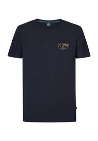 Marineblå bomulds t-shirt med kortærmer, rund hals og et lille frontlogo i guld. Enkel design med lige søm og mærkedetalje.