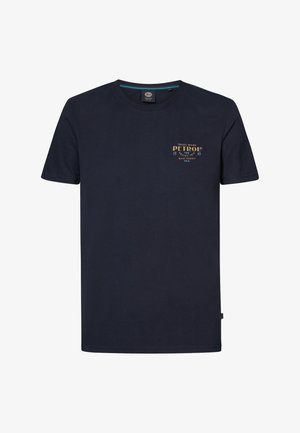 Marineblaue Baumwoll-T-Shirt mit kurzen Ärmeln, Rundhalsausschnitt und kleinem, goldfarbenem Logo auf der Vorderseite. Einfaches Design mit geradem Saum und Etikettendetail.