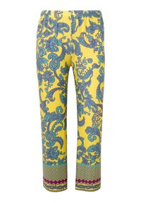 Gelbe gemusterte Hose mit blauen und lila Blumenmotiven, elastischem Bund, geradem Bein und dekorativen Akzenten am Saum.