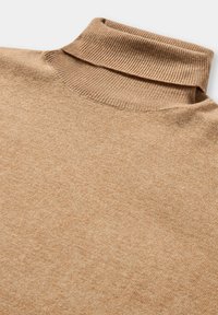 Langarm-Turtleneck-Pullover aus weichem, hellbeigem Stoff. Mit einem gerippten Kragen und einer glatten Textur über das gesamte Kleidungsstück.