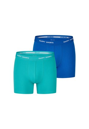 Two pairs of men's boxer briefs in teal and blue, each with an elastic waistband labeled "HAPPY SHORTS."