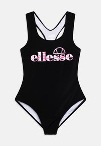 Zwarte één-delige zwemsuit met een witte binnenkant, voorzien van een roze logo en grafisch ontwerp aan de voorkant, met racerback schouderbanden.