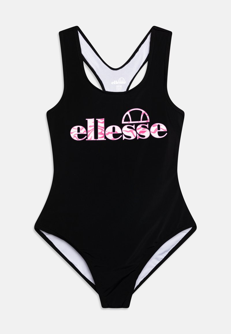 Zwarte één-delige zwemsuit met een witte binnenkant, voorzien van een roze logo en grafisch ontwerp aan de voorkant, met racerback schouderbanden.