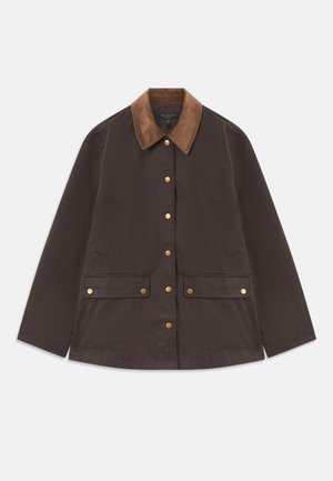Braune Jacke mit einem Kordkragen, zwei Seitentaschen und zwei Fronttaschen, ausgestattet mit goldenen Druckknöpfen und einer lässigen Silhouette.