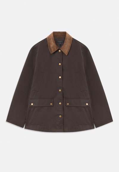 Brown jacket with a corduroy collar, two side pockets and two front pockets, featuring gold snap buttons and a relaxed silhouette.