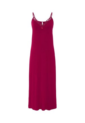 Camisón largo sin mangas en rojo oscuro, hecho de tela suave. Presenta un acabado de encaje a lo largo del escote y un corte en forma de V.