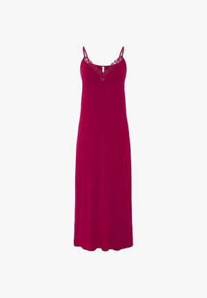 Camisón largo sin mangas en rojo oscuro, hecho de tela suave. Presenta un acabado de encaje a lo largo del escote y un corte en forma de V.
