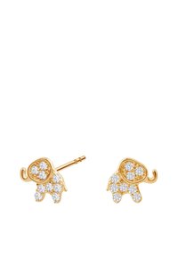 Złote kolczyki w kształcie słoni z przezroczystymi, błyszczącymi kamieniami, charakteryzujące się zabawnym wzornictwem z uniesioną trąbą i zaokrąglonym ciałem.