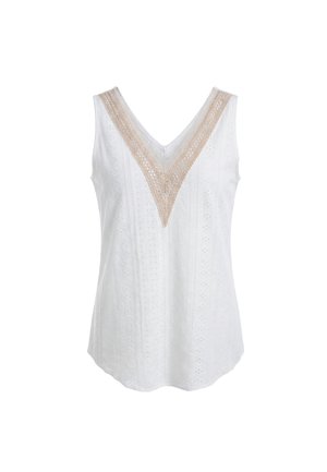Blouse blanche sans manches avec encolure en V, ornée d'une bordure en dentelle beige et de motifs floraux ajourés verticaux subtils.