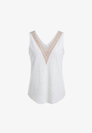 Valge varrukateta pluus V-kaelusega, beežide pitsidega ja õrnade vertikaalsete silmikega lillemustritega.