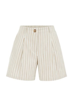Plaid shorts in beige and white with a high waist, pleated front, and a single wooden button closure. Lightweight fabric with vertical stripes.