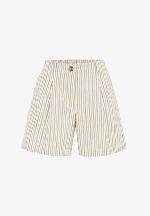 Beige un baltu rakstu šorti ar augstu jostasvietu, pleitēta priekšpuse un viens koka pogas aizdare. Viegls audums ar vertikālām svītrām.