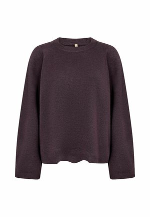 Dunkellila Strickpullover mit Rundhalsausschnitt, langen Ärmeln und lockerer Passform. Weiche Textur mit einem leicht lockeren Saum.