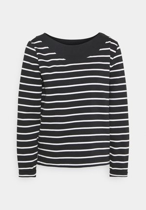 Chemise noire à manches longues avec des rayures blanches horizontales et un col arrondi noir uni.