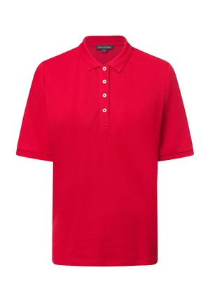 Rotes Poloshirt mit kurzen Ärmeln, einem umgeschlagenen Kragen und einer Knopfleiste mit fünf Knöpfen. Hergestellt aus Baumwollmaterial mit glatter Textur.
