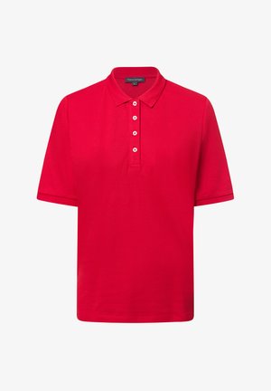 Rotes Poloshirt mit kurzen Ärmeln, einem umgeschlagenen Kragen und einer Knopfleiste mit fünf Knöpfen. Hergestellt aus Baumwollmaterial mit glatter Textur.