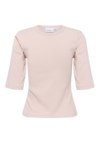 Light pink, round-neck t-shirt with three-quarter sleeves, made of soft material, featuring a fitted shape and smooth texture.