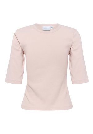 Helles pinkes T-Shirt mit Rundhalsausschnitt und dreiviertel Ärmeln, aus weichem Material, mit figurbetonter Passform und glatter Textur.