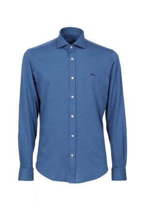 Blauwe longsleeve shirt van gladde stof, met een knoopsluiting aan de voorkant en een klein logo op de borst. Ronde zoom en manchetten.