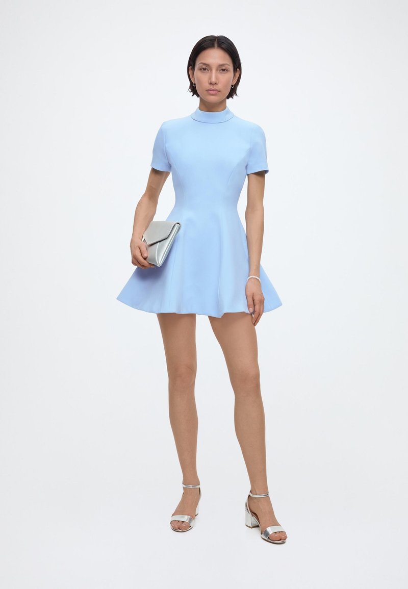 heels to wear with light blue dress Short Casual Party Dress with Criss-Cross Back Dusty Blue / Medium