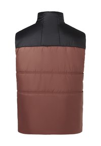 Weste mit Steppung in Schwarz oben und Braun unten, horizontal abgesteppten Abschnitten, hohem Kragen und glatter Textur.