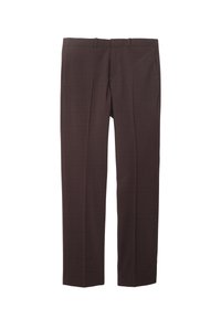 Pantalons à carreaux marron avec une coupe droite, dotés d'une fermeture à bouton et à zip, de deux poches latérales et d'une texture lisse.