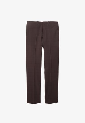 Pantaloni a quadri marroni con taglio dritto, dotati di chiusura con bottone e zip, due tasche laterali e una superficie liscia.