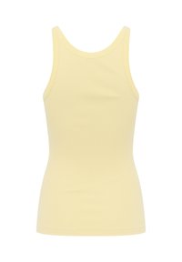 Yellow ribbed tank top with wide shoulder straps, featuring a fitted design and smooth texture, suitable for layering or casual wear.