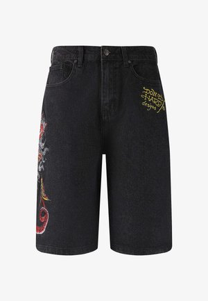 Zwarte denimshorts met een relaxte pasvorm, voorzien van ingewikkelde multikleurige draakborduursels aan de linkerkant en een logo in gele draad.