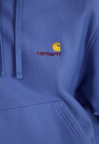 Blue sweatshirt with a kangaroo pocket. Features embroidered yellow and red Carhartt logo on the chest. Soft texture, drawstring hood.