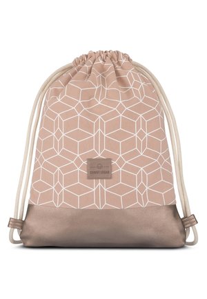 Sac à dos beige et marron avec cordon de serrage, orné d'un motif géométrique en cubes blancs et d'une étiquette "Johnny Urban" au centre devant.