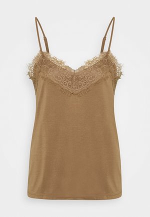 Bruine camisole met kantdetails bij de halslijn, voorzien van dunne verstelbare bandjes en een glad, lichtgewicht stof.