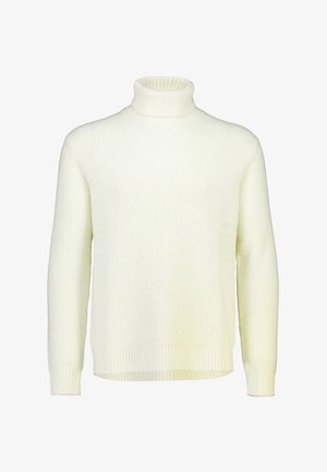 Pull à col roulé de couleur crème en texture côtes, avec des manches longues et une coupe décontractée, un col haut et un ourlet légèrement court.