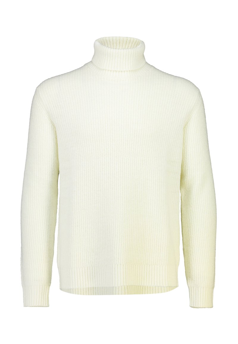 Krämsfärgad polotröja i ribbad struktur, med långa ärmar och avslappnad passform, hög krage och något avkortad fåll.