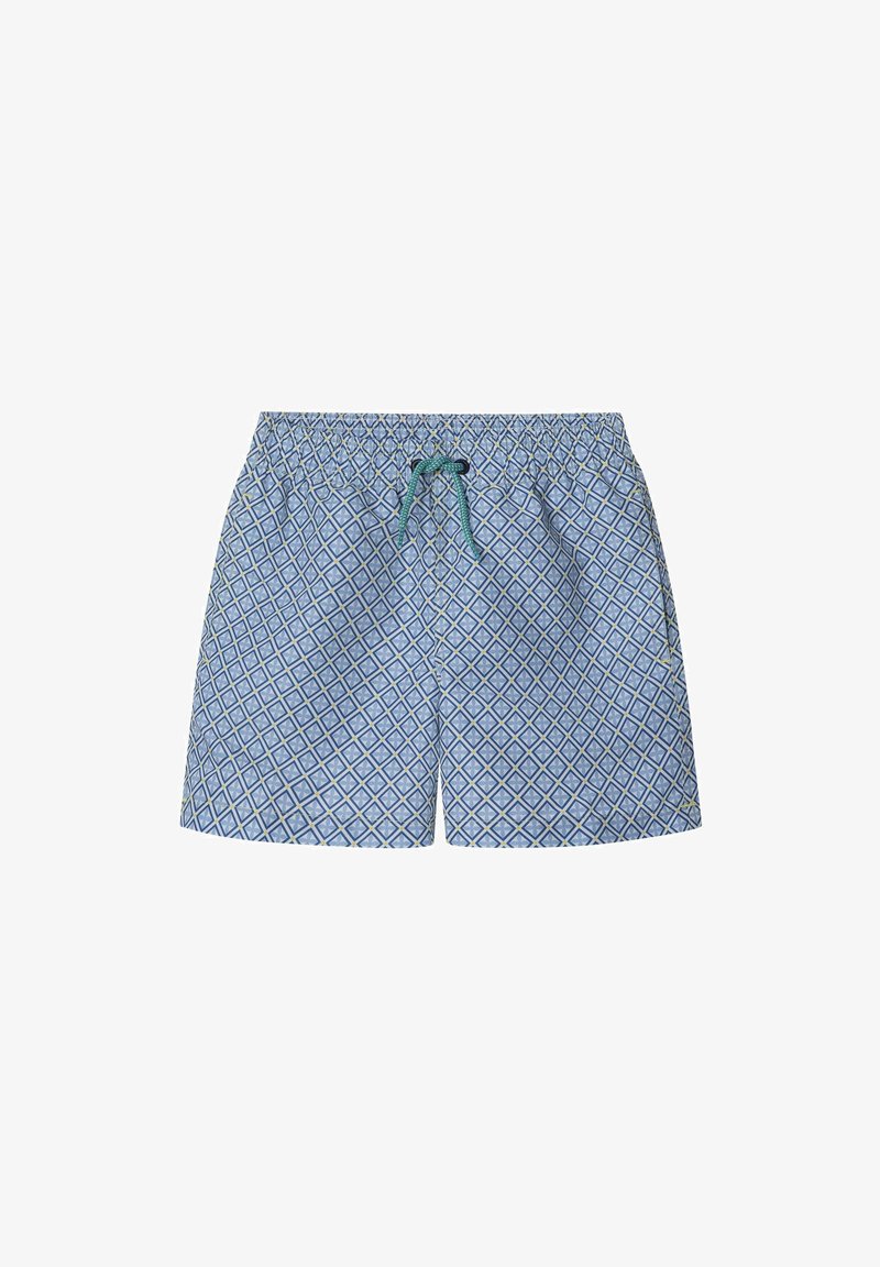 Svetlomodré plavecké šortky s diamantom vzorom, elastickým pásom a kontrastným šnúrkou. Vyrobené z jemného, ľahkého materiálu.