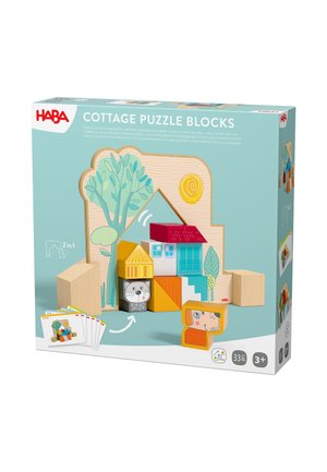 Colorful wooden cottage puzzle blocks with animal faces, trees, and sun on packaging for children aged 3 and up, including 33 pieces and 2-in-1 play options.