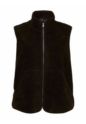 Sort fleeceløs vest uden ærmer med lynlås foran og to forlommer, med en høj krave for ekstra varme.