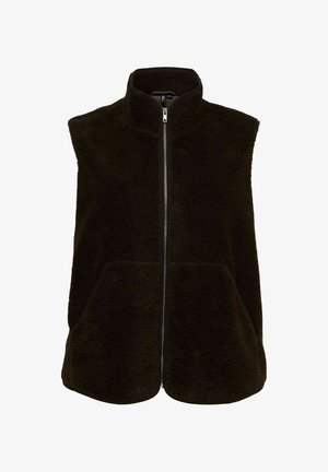 Sort fleeceløs vest uden ærmer med lynlås foran og to forlommer, med en høj krave for ekstra varme.