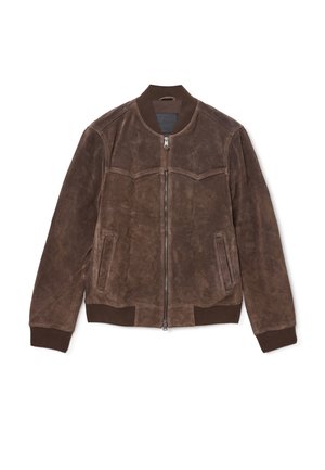 Hnědá sukně bomber jacket s předním zipem, žebrovaným límcem, manžetami, pasem a dvěma bočními kapsami.